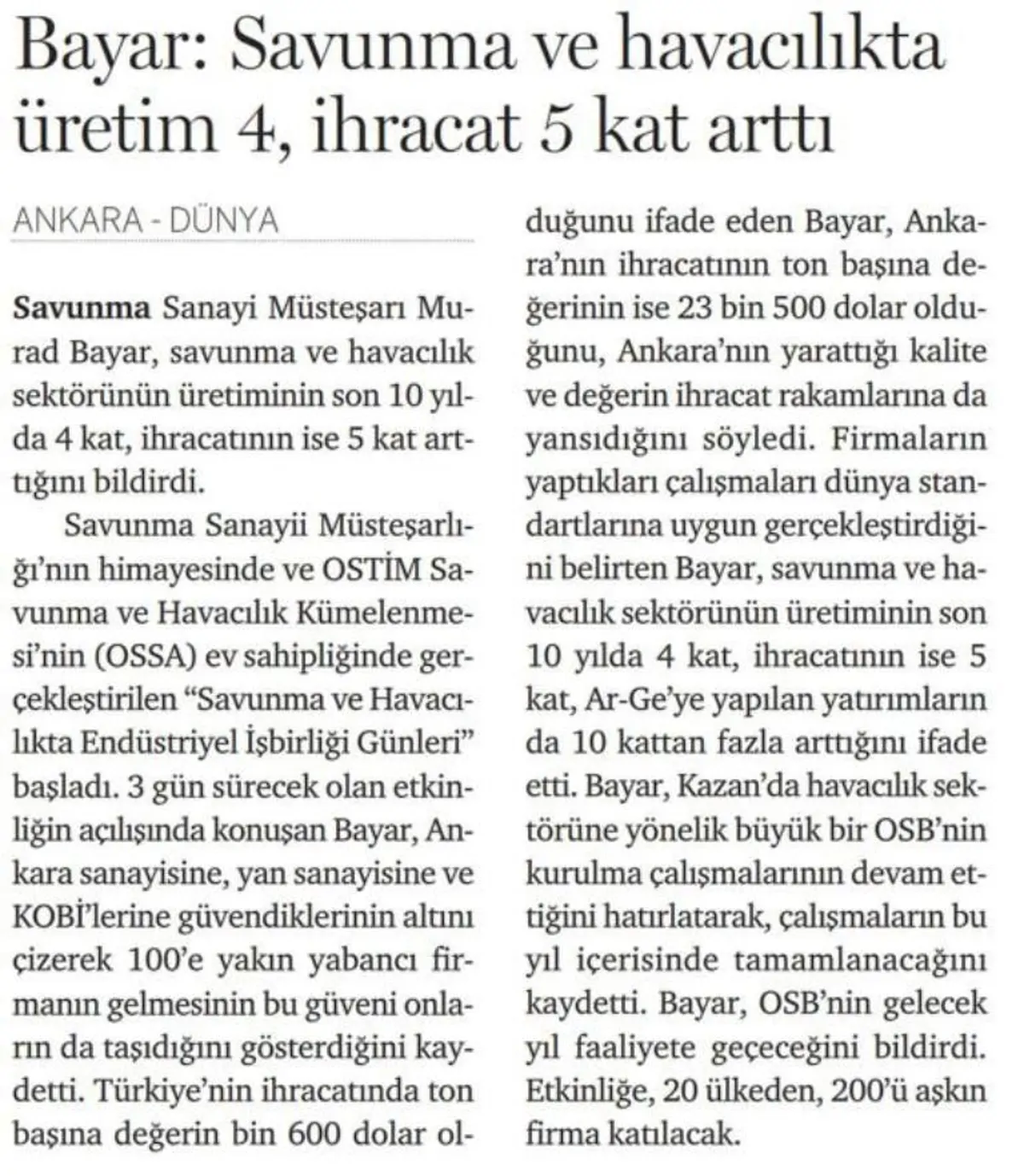 Bayar: Savunma ve Havacılıkta Üretim 4, İhracat 5 Kar Arttı