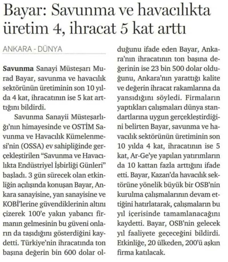 Bayar: Savunma ve Havacılıkta Üretim 4, İhracat 5 Kar Arttı