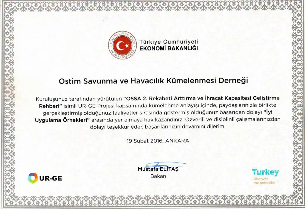 OSSA BECAME THE FIRST CLUSTER TO RECEIVE THE UR-GE PROJECT GOOD PRACTICE EXAMPLE CERTIFICATE FOR THE SECOND TIME.