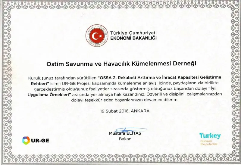 OSSA BECAME THE FIRST CLUSTER TO RECEIVE THE UR-GE PROJECT GOOD PRACTICE EXAMPLE CERTIFICATE FOR THE SECOND TIME.